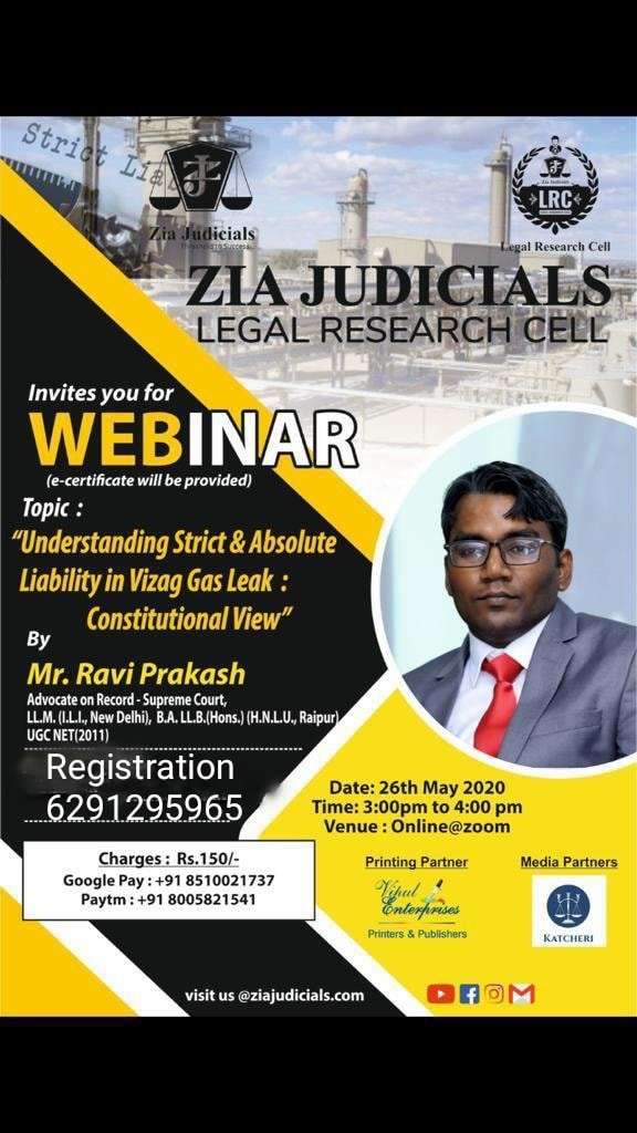 Webinar on Understanding Strict & Absolute Liability in Vizag Gas Leak: by Zia Judicials Legal Research Cell: Register-now