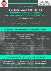 Call for Papers: RMLNLU Law Journal on Communication, Media, Entertainment & Technology [Volume 8]: Submit by 7th February, 2021